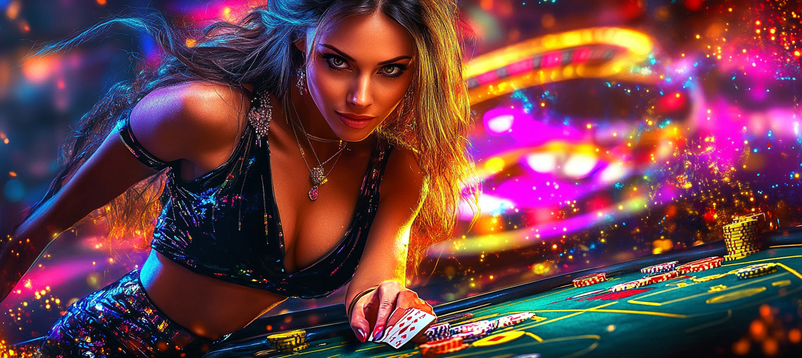 Glamorous woman playing cards at a vibrant casino table with colorful lights and poker chips