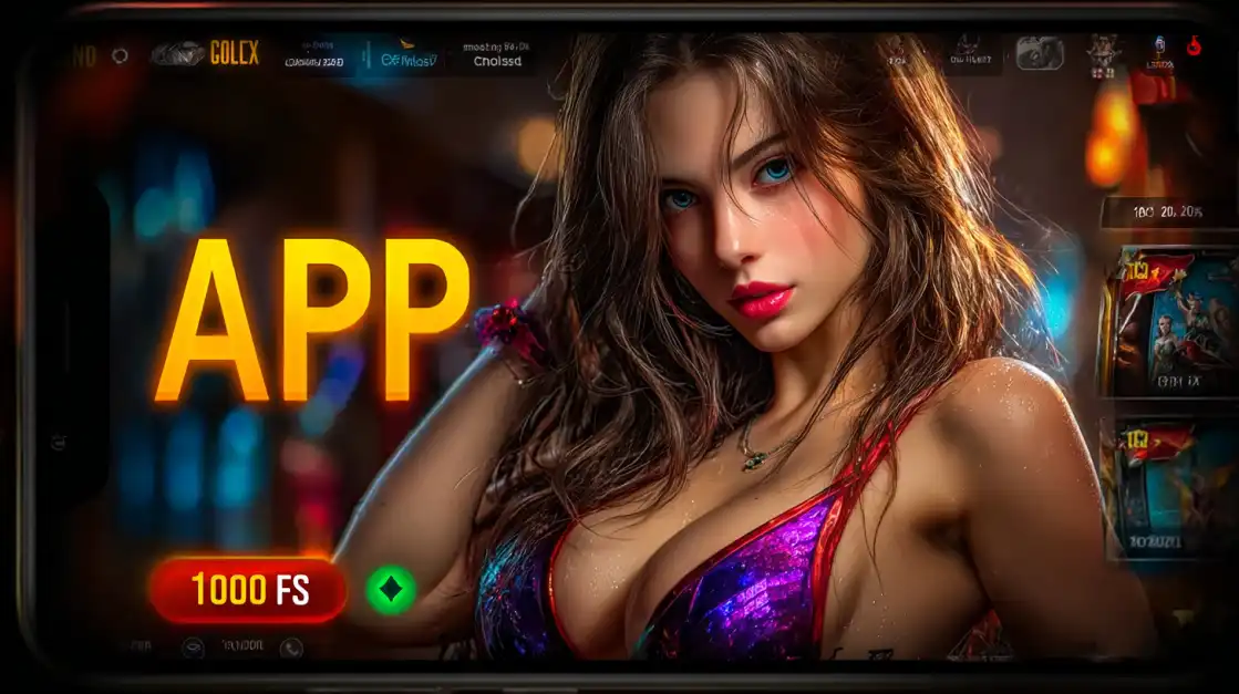 A wet-haired woman in a sparkling purple top poses next to glowing APP text, with a vibrant casino-themed interface on a digital screen.