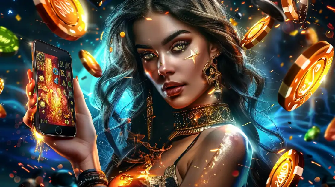 A majestic woman with golden accessories holds a smartphone displaying a slot game, surrounded by glowing coins and casino-themed lights.