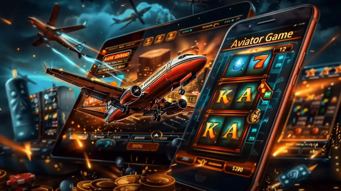 A red commercial airplane flies out of a game screen surrounded by glowing slot reels, golden coins, and casino game icons.
