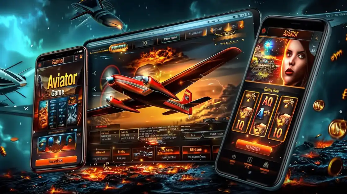 Multiple screens display the Aviator Game with a red plane flying over lava-filled skies, surrounded by slot reels and digital coins.