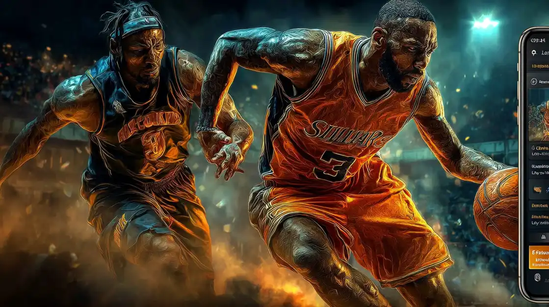 Two muscular basketball players clash on the court in a tense game moment, while a smartphone on the side displays a live betting interface.