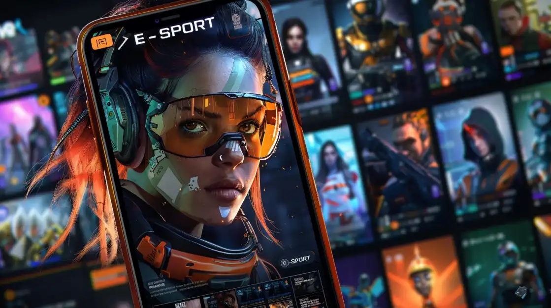 A futuristic female gamer with an orange headset and visor is shown on a smartphone screen, surrounded by a digital gallery of game characters in an e-sport interface.