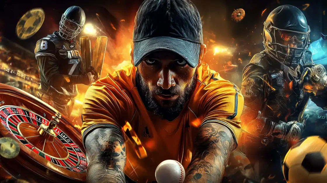 A bearded man in an orange shirt prepares to throw a baseball, surrounded by intense flames, a roulette wheel, and two armored athletes representing action and betting excitement.