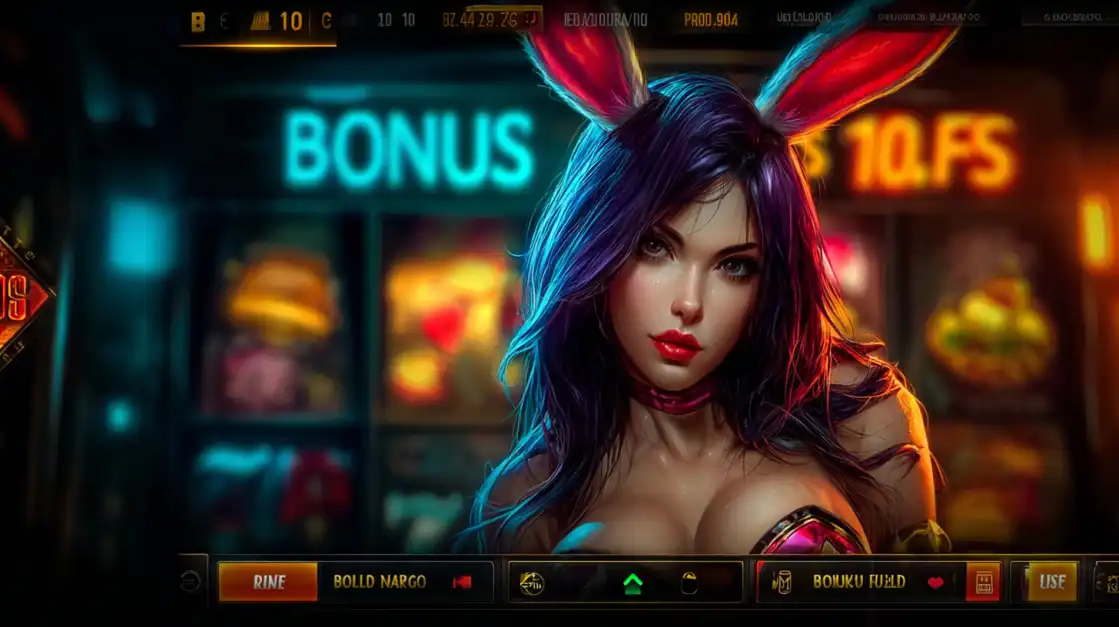 A seductive woman with bunny ears poses in front of glowing bonus signs in a neon-lit casino environment, representing bonus-packed slot action.