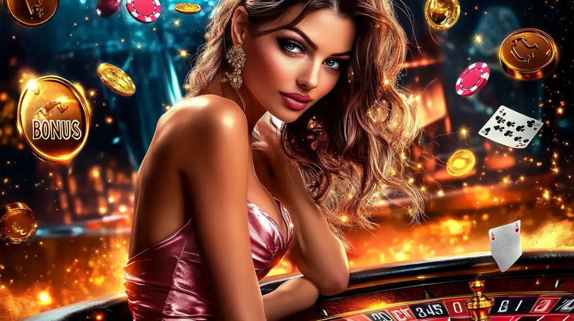A stunning woman in a silky pink dress leans on a roulette table as gold coins, poker chips, and cards float around her in a luxe casino scene.