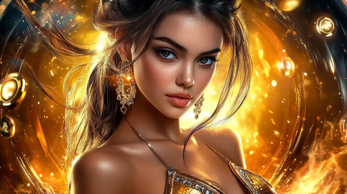 A stunning woman with golden jewelry and a sparkling outfit stands in front of a glowing fiery background, representing glamour and luxury.