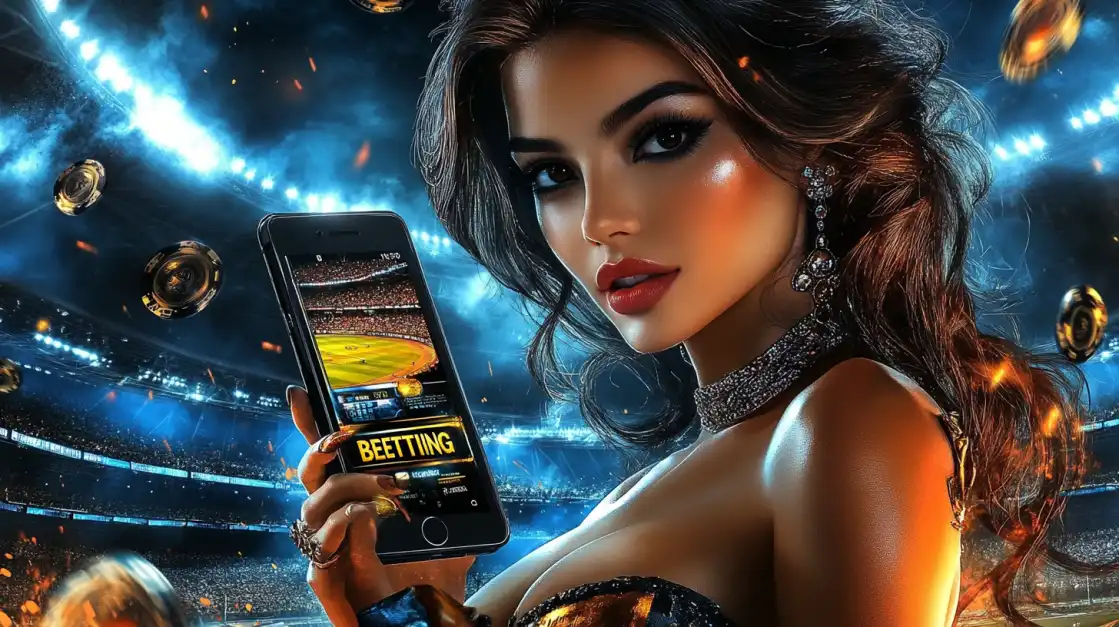 A glamorous woman in a dark dress holds a smartphone showing a live cricket betting app, with a brightly lit stadium in the background.