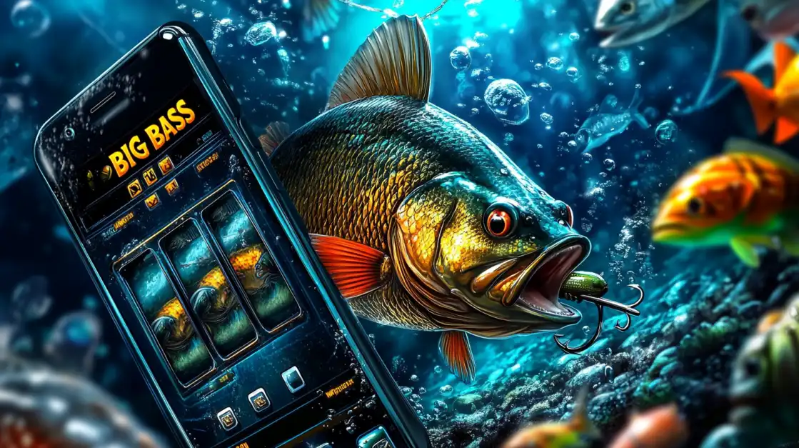 A large fish with an open mouth swims underwater next to a mobile screen showing the Big Bass slot game, representing a fishing-themed slot.
