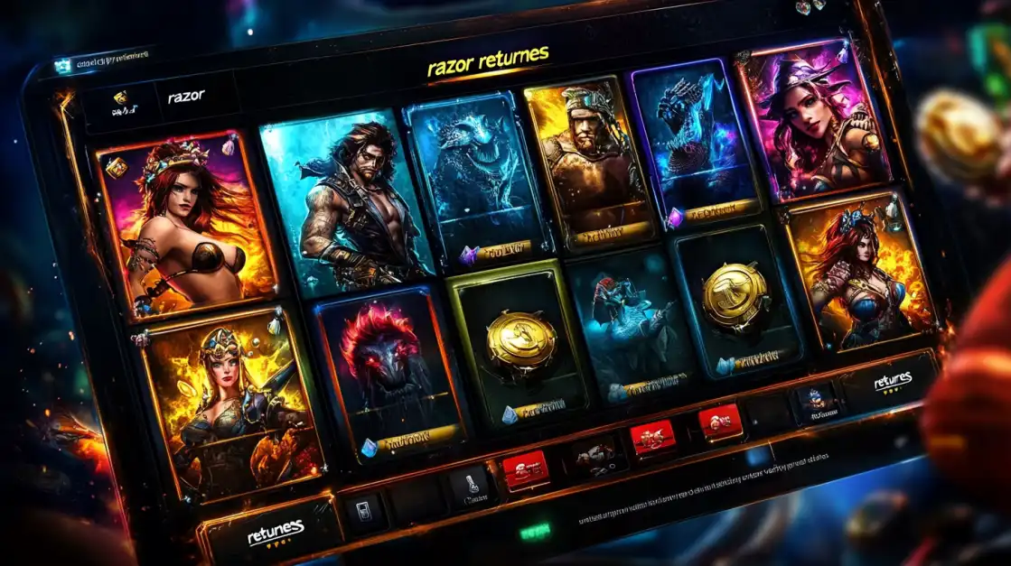 A dynamic slot interface featuring fierce warriors, mythical creatures, and powerful icons, evoking an action-packed fantasy battle theme.