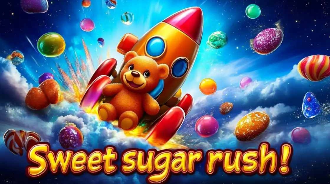 A cute teddy bear launches into space on a colorful rocket surrounded by vibrant candy, representing a sweet-themed slot game adventure.