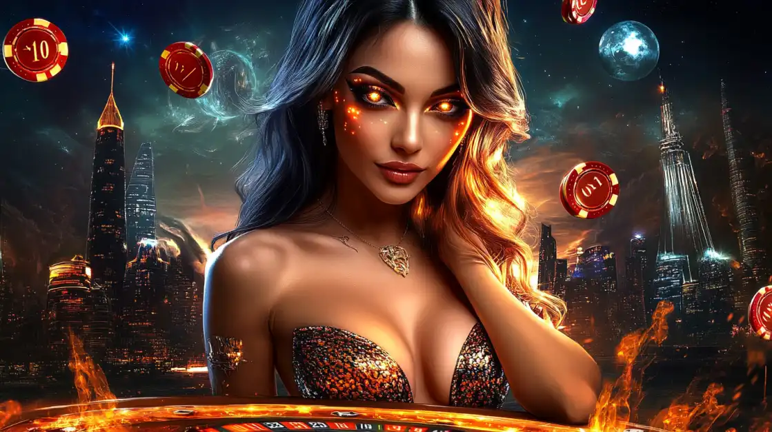 A mysterious woman with glowing eyes poses at a casino table, with poker chips and a blazing city skyline in the background under the moonlight.