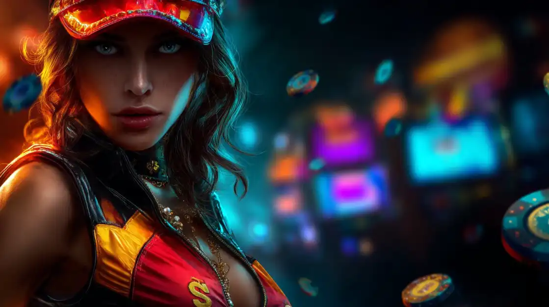 A woman in a red and yellow casino outfit with a glowing visor cap stands in front of a blurred background of neon slot machines and poker chips.