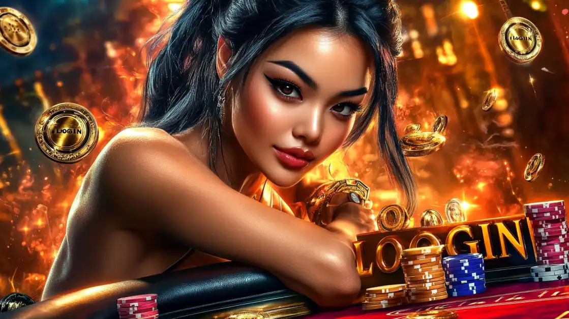 A woman with long black hair leans on a casino poker table surrounded by golden coins and poker chips, with the word LOGIN glowing behind her.