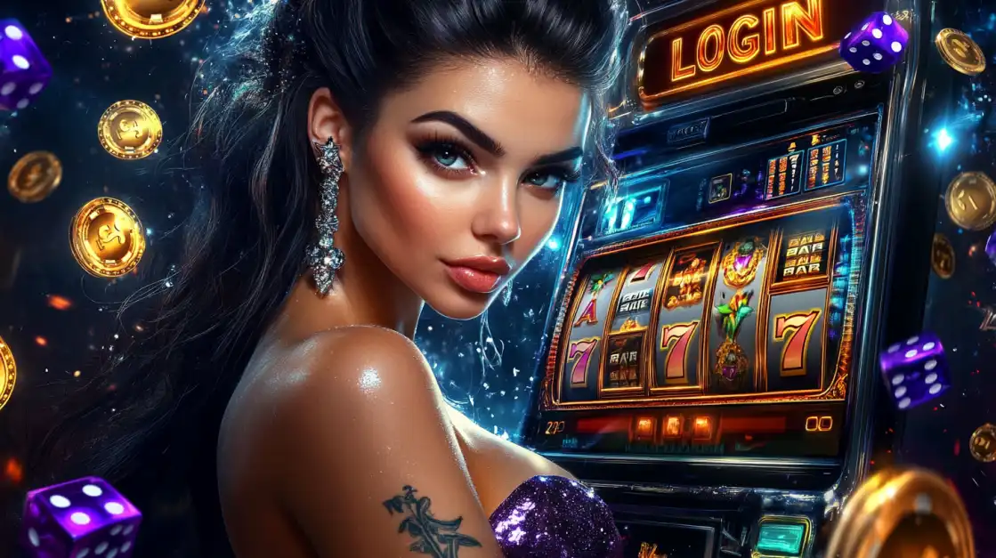 A confident woman in a sparkling dress stands next to a slot machine displaying the word LOGIN and winning symbols like 777 and BAR.