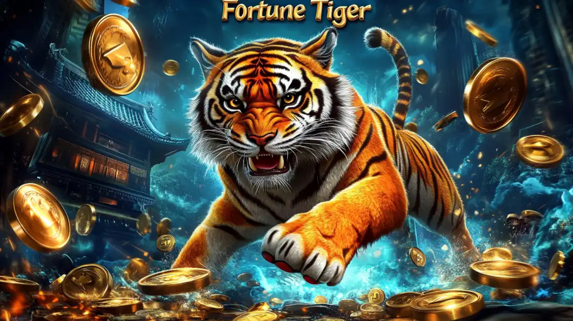A powerful tiger leaps forward surrounded by gold coins in a mystical temple setting, symbolizing good luck and fortune in this slot game.
