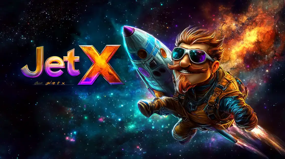 A stylish cartoon pilot with sunglasses rockets through outer space next to the title JetX, capturing the high-speed excitement of the game.