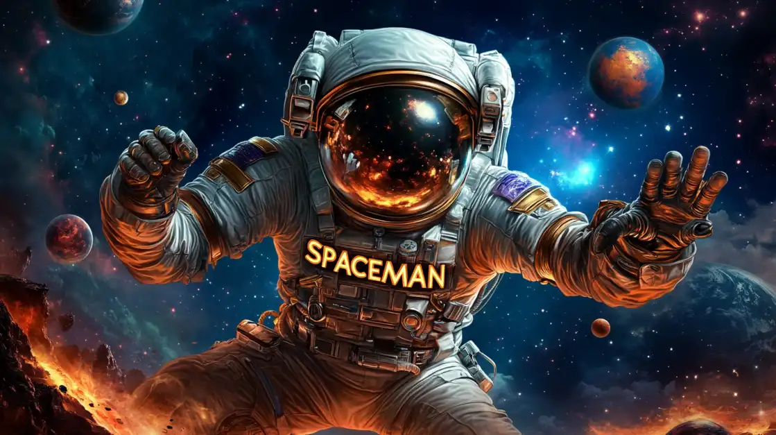 A bold astronaut floats in a cosmic environment with the word SPACEMAN on his suit, highlighting an interstellar-themed casino experience.